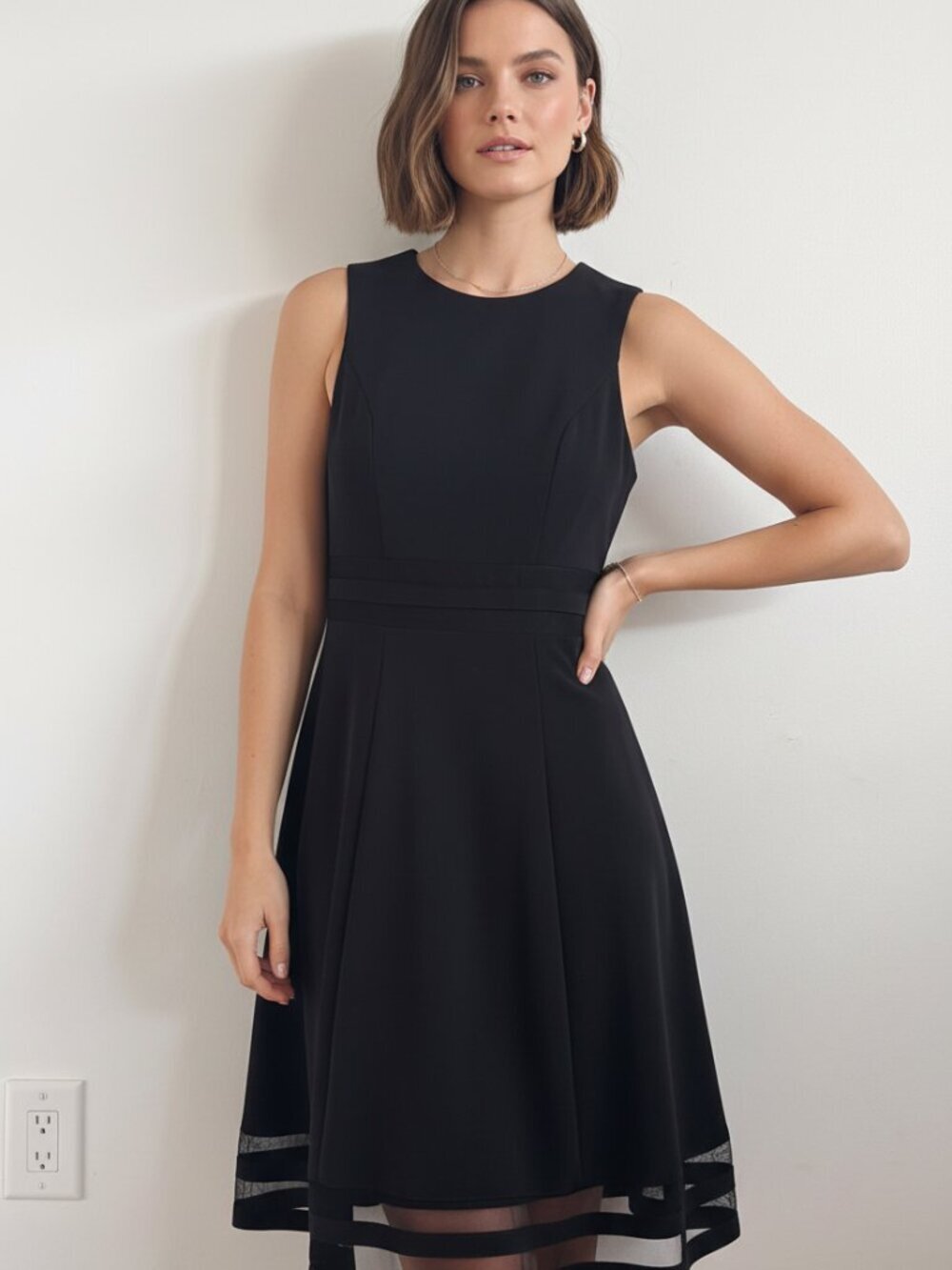 Flirty Classic! White House Black Market Black Skater Dress – Mesh Detail (Size